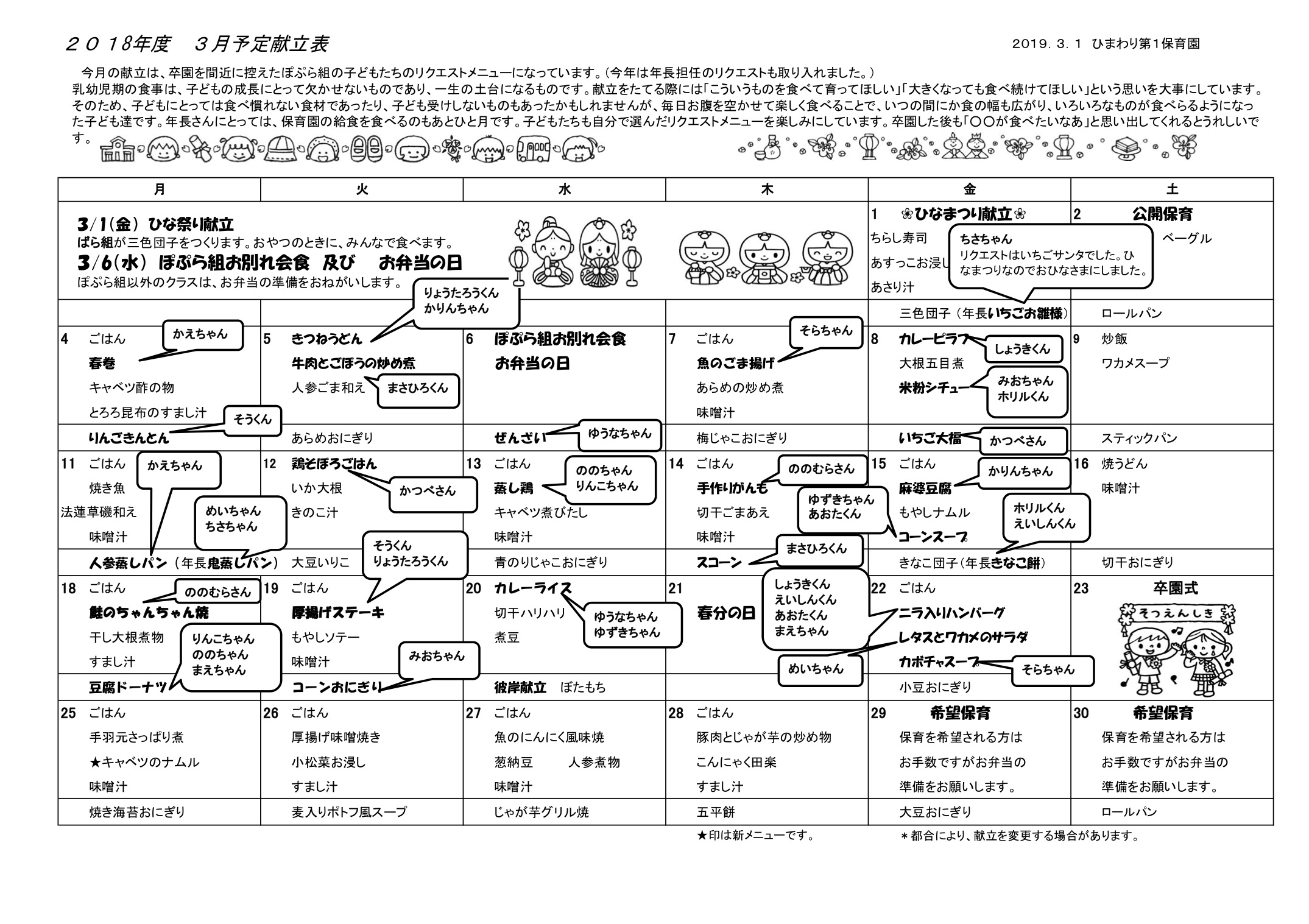 ひまわり第１保育園　Ｈ31年3月献立表